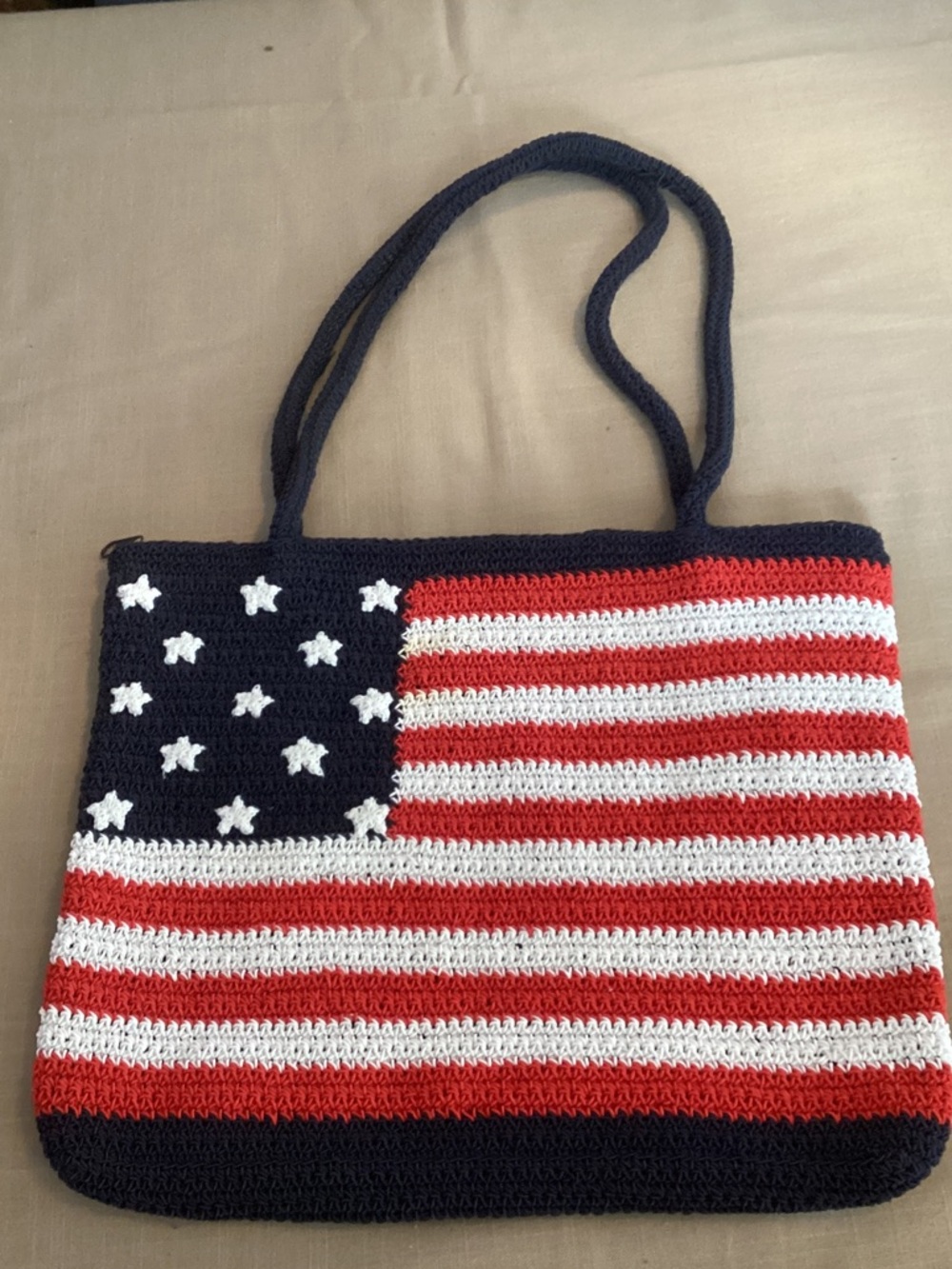 Crochet American Flag Shoulder Tote in Navy, Red & White